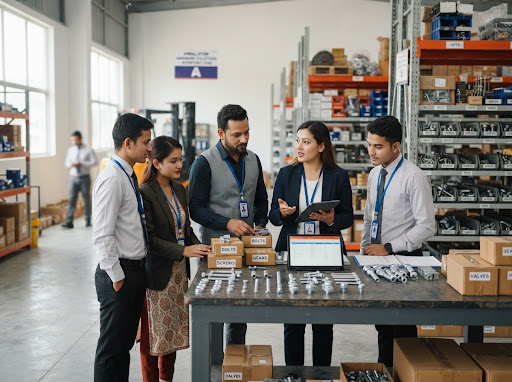 Nepalese industrial business team reviewing inventory